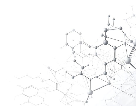 A complex molecular structure illustration. Grey spheres and lines depict connected atoms in a partially transparent, futuristic design