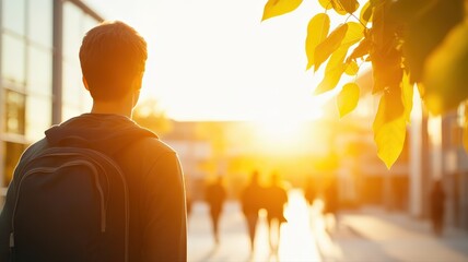 Golden morning light illuminates serene campus, highlighting students walking tree lined pathway with backpacks, symbolizing education inspiring journey toward bright future.