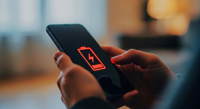Close-up of a person's hands holding a smartphone with a low battery charging icon on the screen.