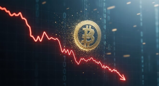 Dramatic decline in bitcoin value illustrated with a falling chart and shimmering coin