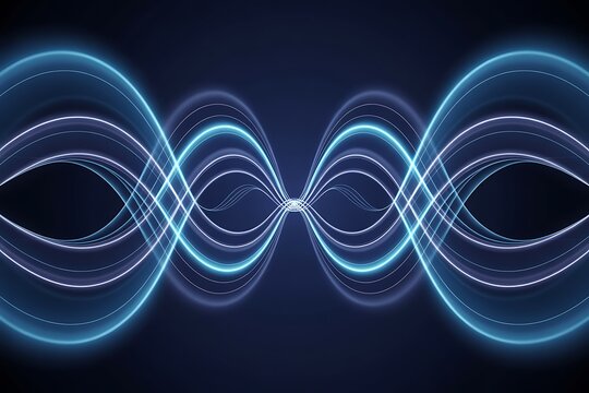 Symmetrical Blue and White Neon Waveforms Intersecting on a Dark Blue Background sound wave audio