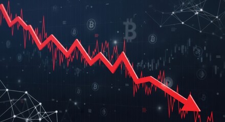 Dramatic downturn indicated by descending red line against cryptocurrency backdrop illustration
