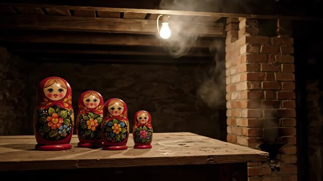 Nested dolls displayed on a wooden surface under a single light bulb