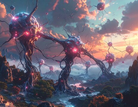 Surreal landscape with luminous, interconnected structures