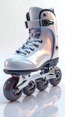 A pristine white inline skate, rendered with high gloss and intricate detail, sits against a soft white background. Its wheels are dark and polished