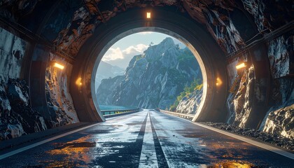 A wet road leads through a tunnel opening onto a mountain landscape. The circular frame reveals ocean and cliffs