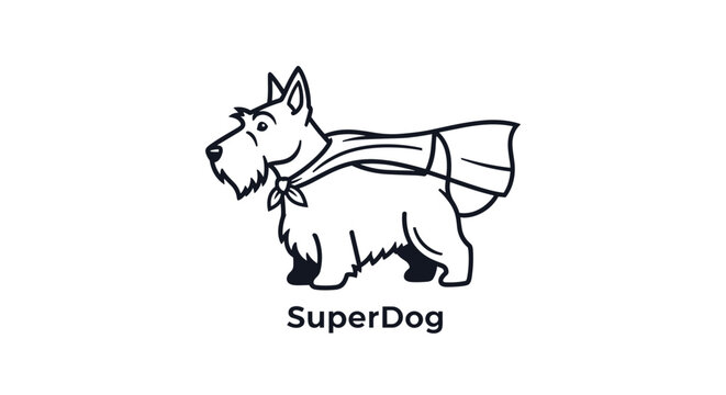 A delightful vector illustration of a Scottish Terrier dog in a superhero cape, with 'SuperDog' text underneath, isolated on a white background.