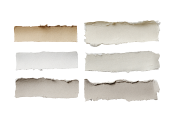 Six ripped paper strips in varying shades of beige and off-white