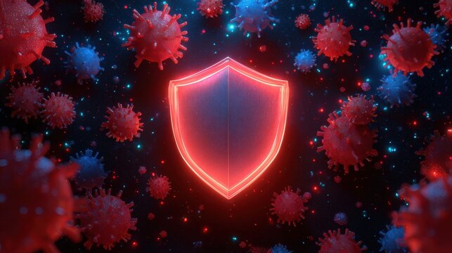 Protecting Systems With a Glowing Shield Against Red Virus Icons on a Blue Background