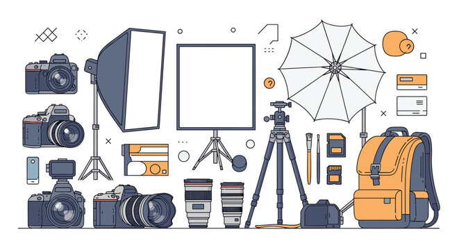 A comprehensive collection of professional photography equipment, including cameras, lenses, lighting, and accessories, for studio and outdoor shoots.
