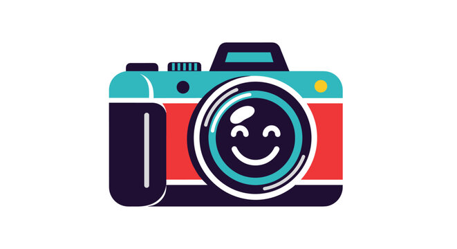A cheerful and colorful retro-style camera illustration with a smiley face in the lens, isolated on a white background.