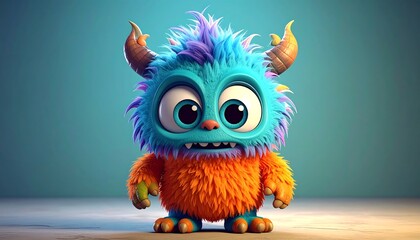 A cute, cartoonish creature with large eyes, horns, and colorful fur, standing on a surface against a light teal background