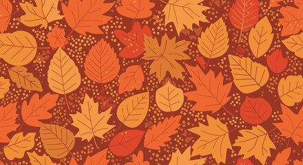 A vibrant seamless pattern featuring various autumn leaves in warm orange, red, and yellow hues, scattered on a textured brown background.