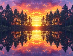 Symmetrical photograph showcases vibrant sunset casting fiery hues across a calm lake, mirroring trees along its banks