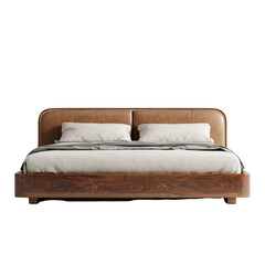 Modern wooden bed with tan headboard