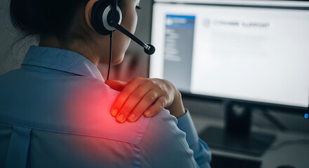 Female office worker with shoulder pain at computer, wearing headset; occupational health and stress