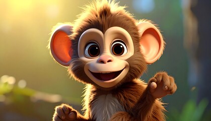 A cute, cartoonish monkey smiles radiantly in a blurred outdoor scene. The primate has large eyes and soft brown fur in a sunlit setting