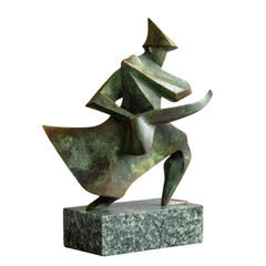 Abstract bronze figure holding a scroll, atop a granite base