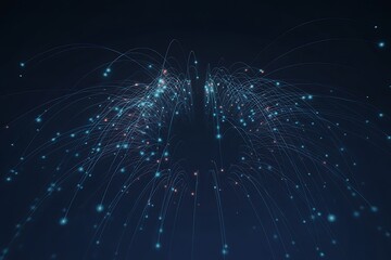 Swirling trails of small glowing blue and orange particles emanating from a central point on a dark background