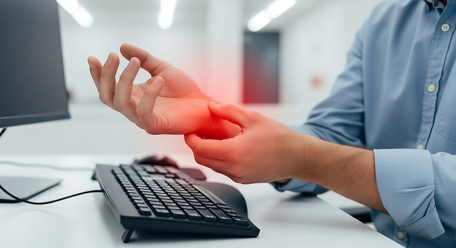Office worker holding painful wrist at computer desk, suffering from carpal tunnel syndrome or repetitive strain injury.