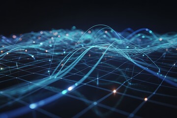 Abstract digital landscape of glowing blue wavy lines and interconnected grid points with orange light flares