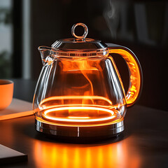 Elegant Glass Teapot with Orange Illumination and Reflective Surface – Minimalist Warm Kitchen Still Life