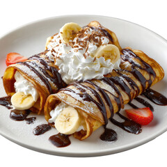 Crepes rolled, topped with whipped cream, bananas, chocolate sauce