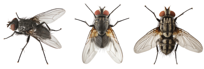 Insect Trio: This image features a detailed macro shot of three flies, showcasing their intricate body structures, wings, and compound eyes.