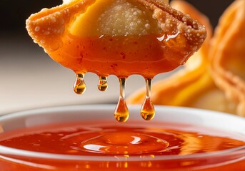 Close-up of golden Crab Rangoon dripping sweet chili sauce for mouthwatering Asian-inspired appetizer food concept