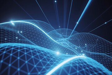 Abstract Blue Digital Network Grid with Glowing Lines and Particles technology data