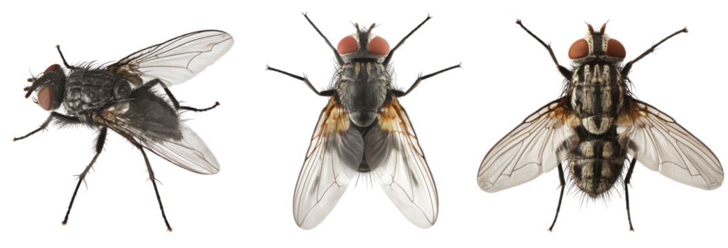 Insect Trio: This image features a detailed macro shot of three flies, showcasing their intricate body structures, wings, and compound eyes.