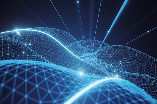 Abstract Blue Digital Network Grid with Glowing Lines and Particles technology data