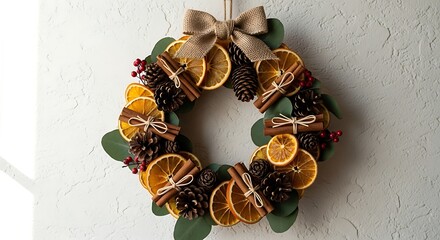 Handmade holiday wreath crafted from dried orange slices, pinecones, cinnamon sticks, and eucalyptus leaves, adorned with a festive burlap bow