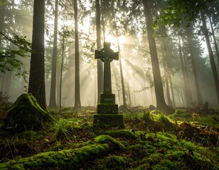 Ancient stone cross monument standing in a sunlit, misty forest