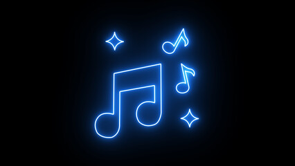 Glowing blue neon music notes and stars on a black background, representing melody, rhythm, and celebration in a digital art style © Moynul Haque