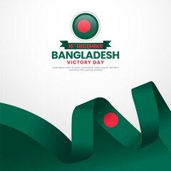 Bangladesh victory day greeting card, square banner background with waving ribbon flag