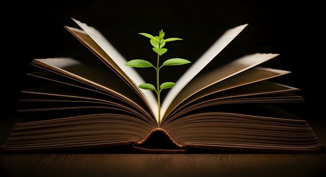 Conceptual image of a green plant sprouting from the pages of an open book under warm lighting. Symbol of knowledge growth, education, learning, sustainability, and eco-friendly ideas.