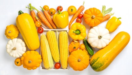 Vibrant yellow and orange vegetable flat lay on white. Fresh autumn harvest mix with pumpkin, corn, squash, and peppers. Perfect for healthy food, vegan, or diet concepts.