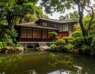 Obraz premium Asian-inspired house beside a tranquil pond surrounded by lush flora
