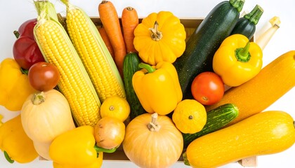 Vibrant mix of fresh vegetables on white. Colorful harvest with corn, zucchini, peppers, and squash. Perfect for healthy diet, vegan, and organic food concepts.