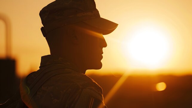 silhouette of a soldier at sunset, symbolizing reflection, resilience, emotional healing, and the quiet strength of veterans after war and recovery.
