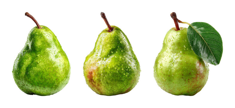 Fresh juicy green pears with water droplets, vibrant healthy fruit isolated on black background, perfect for healthy eating or culinary design PNG set with transparent background