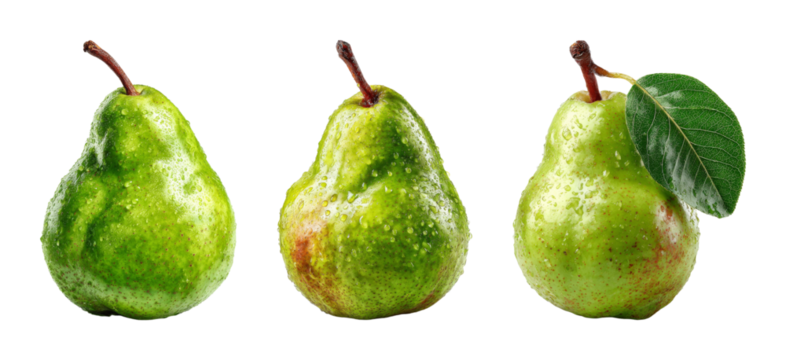 Fresh juicy green pears with water droplets, vibrant healthy fruit isolated on black background, perfect for healthy eating or culinary design PNG set with transparent background
