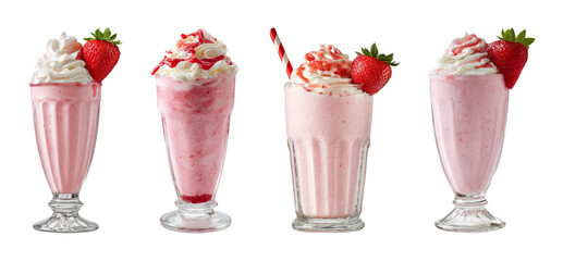 Four decadent strawberry milkshakes with whipped cream and fresh fruit garnish, perfect for summer refreshment and menu design, PNG set with transparent background