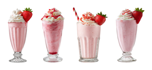 Four decadent strawberry milkshakes with whipped cream and fresh fruit garnish, perfect for summer refreshment and menu design, PNG set with transparent background