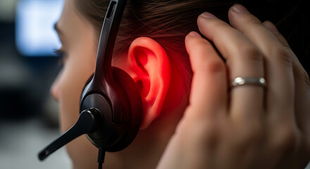 Red ear pain from headset. Person experiencing discomfort, fatigue, or hearing issues from prolonged use in a call center or office.