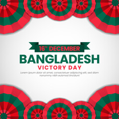 Bangladesh victory day greeting card, square banner background with waving ribbon flag