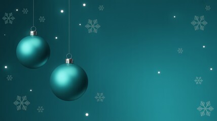 Elegant turquoise Christmas ornaments dangle against a festive snowflake backdrop