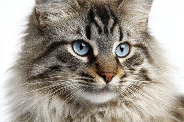 Naklejka premium Charming gray tabby kitten portrait on white backdrop with soft fur and curious expression