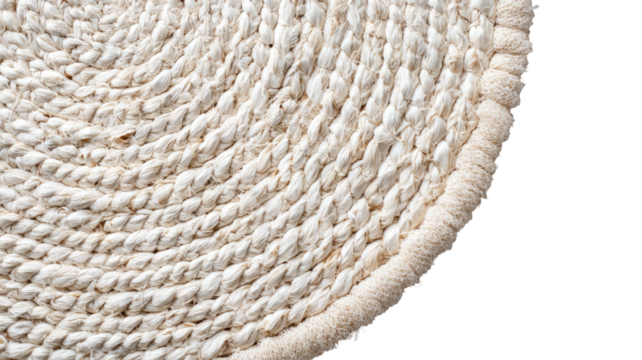 Woven beige rug corner; soft texture, rounded edge on black